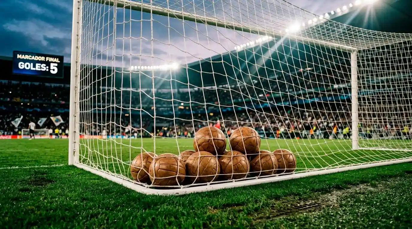 Varios balones en la red de una portería representando las mayores goleadas en finales de Champions